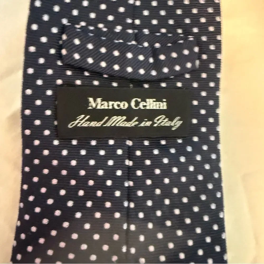Marco Cellini Silk Tie Navy and Silver Polka Dot Made in Italy